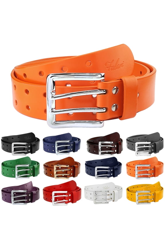 Men's Double Holes Genuine Leather Belt Double Prong Jeans Belt Orange Small