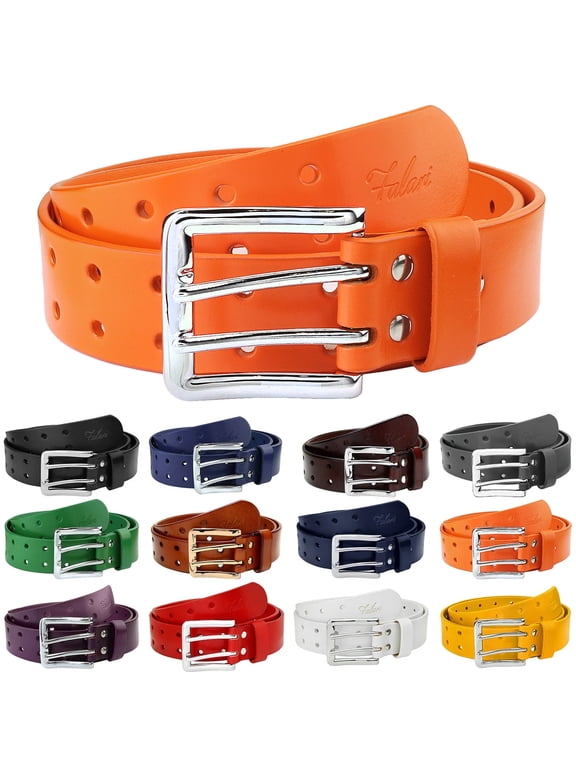 Men's Double Holes Genuine Leather Belt Double Prong Jeans Belt Orange Small