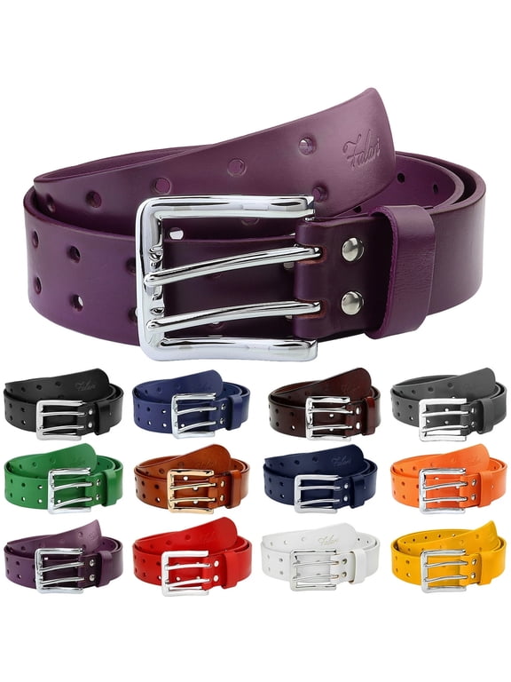 Men's Double Holes Genuine Leather Belt Double Prong Jeans Belt Plum Small