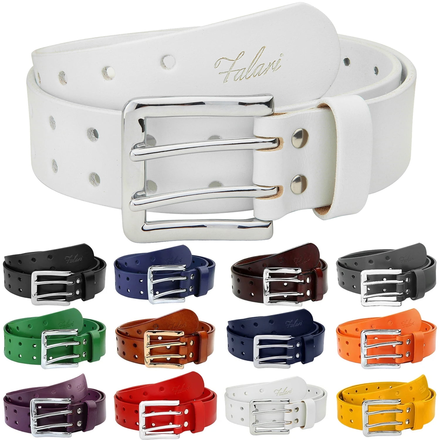 Falari Men's Double Holes Genuine Leather Belt Double Prong Jeans