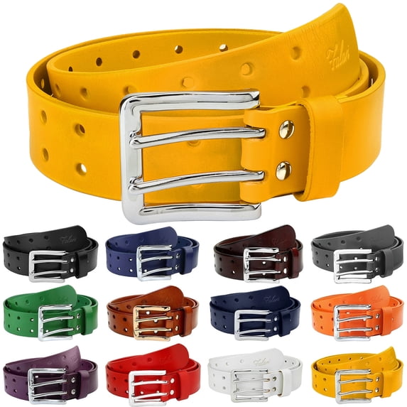 Falari Men's Double Holes Genuine Leather Belt Double Prong Jeans Belt Yellow Small