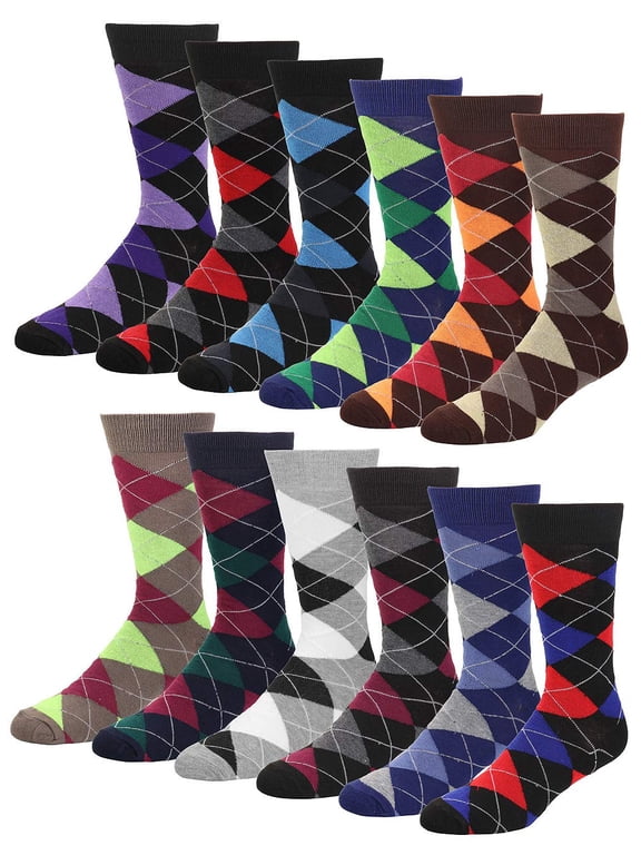 Men's Dress Socks, 12 Pairs, Assorted Colors, Argyle Pattern, Size 10-13