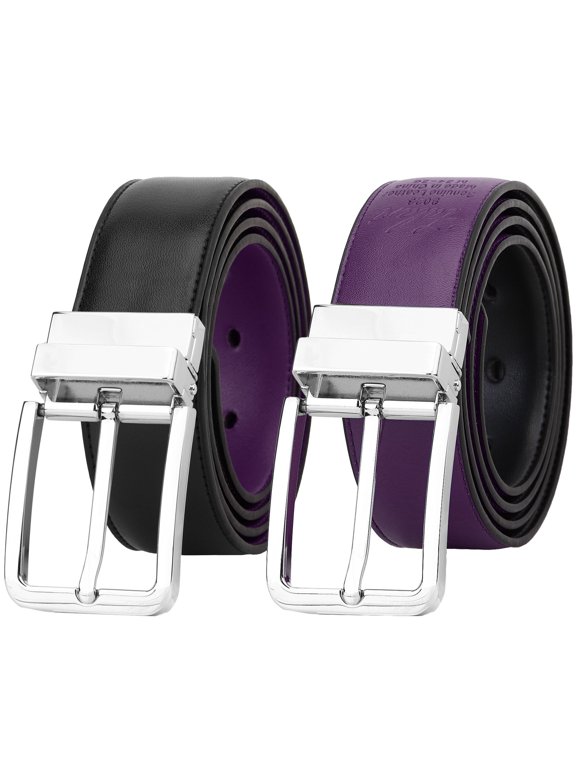 Men's Reversible Dress Belt Genuine Leather (1 Belt 2 Colors) Black/Plum X-Large