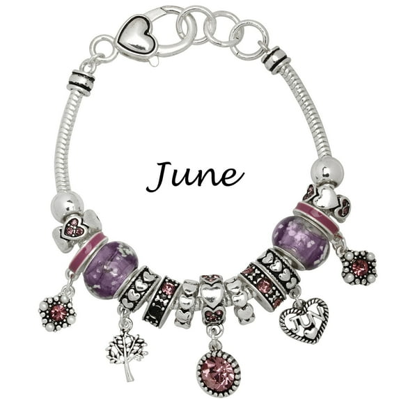 Falari Multi-Color, Birthstone Charm Beads Bracelet, Silvertone