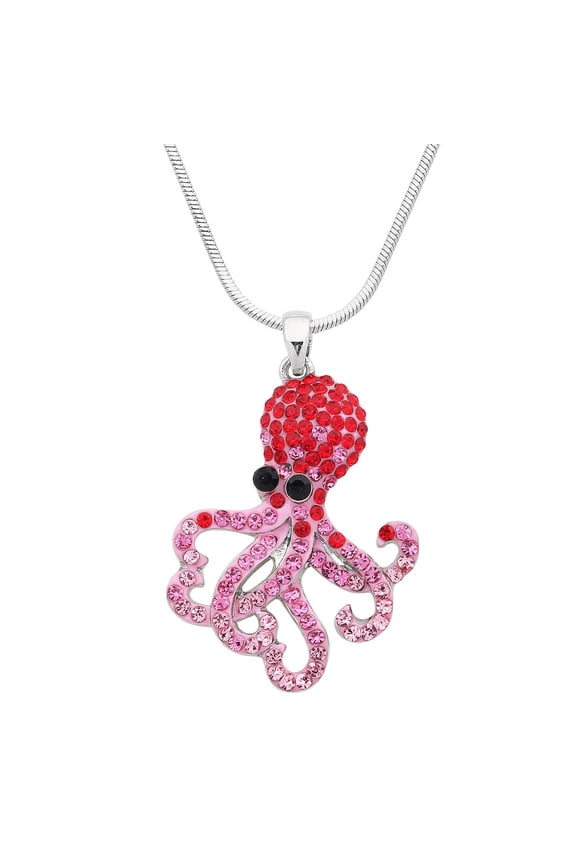 Pink Octopus Pendant Necklace, Rhinestone Crystal, Rhodium High Polished, Snake Chain