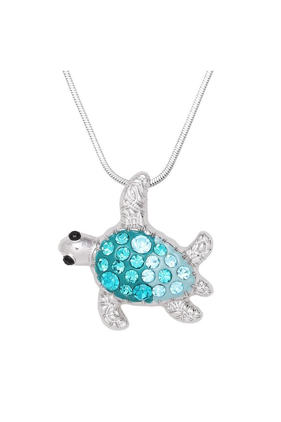 Sea Turtle Pendant Necklace Rhinestone Crystal Rhodium High Polished 17 inch Snake Chain J1040