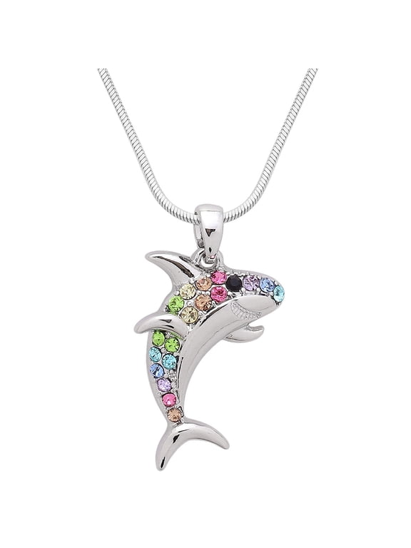Shark Pendant Necklace Multicolor Rhinestone Crystal Rhodium High Polished 17 inch Snake Chain