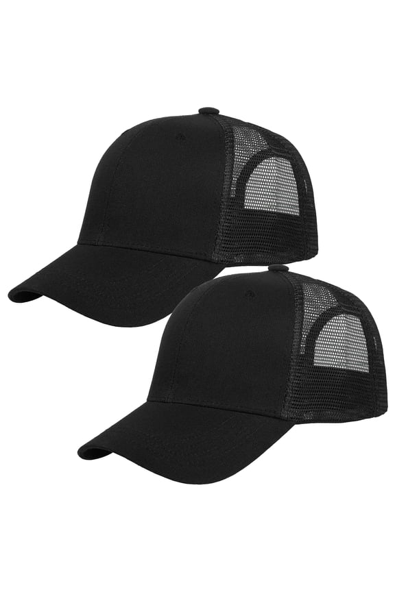 Trucker Hat 2-Piece Set, 6 Panel, Cotton Mesh, Adjustable Size Baseball Cap - Black & Black