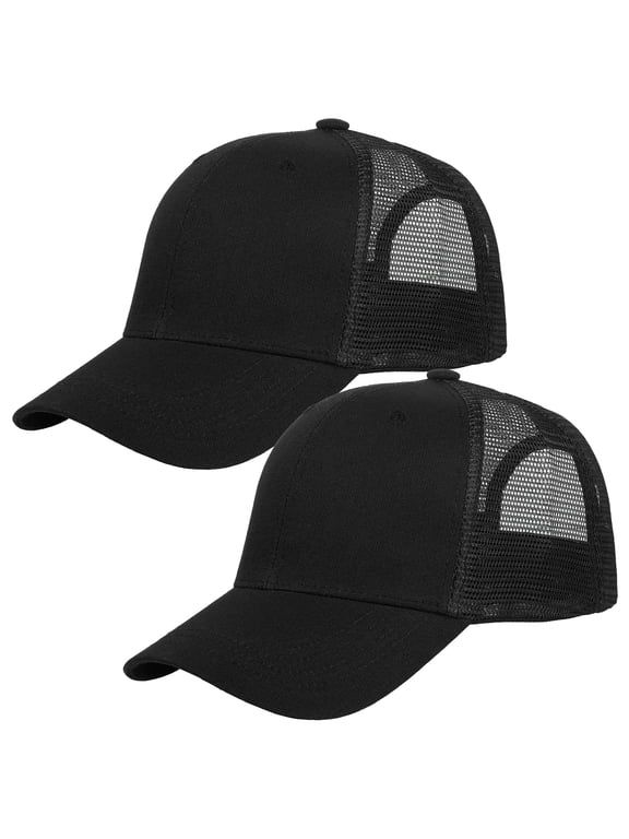 Trucker Hat 2-Piece Set, 6 Panel, Cotton Mesh, Adjustable Size Baseball Cap - Black & Black