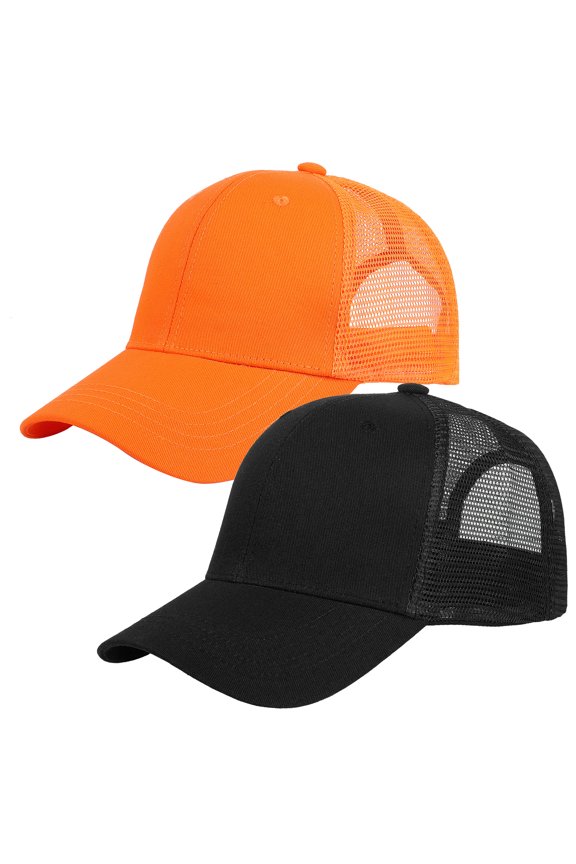 Trucker Hat 2-Piece Set, 6 Panel, Cotton Mesh, Adjustable Size Baseball Cap - Black & Orange
