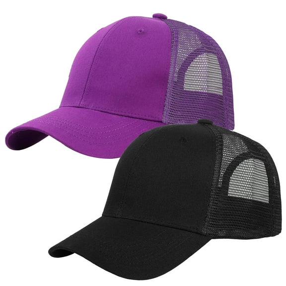 Falari Trucker Hat 2-Piece Set, 6 Panel, Cotton Mesh, Adjustable Size Baseball Cap - Black & Purple