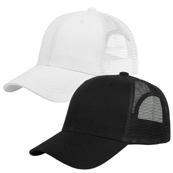 Falari Trucker Hat 2-Piece Set, 6 Panel, Cotton Mesh, Adjustable Size Baseball Cap - Black & White