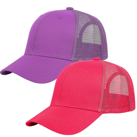 Falari Trucker Hat 2-Piece Set, 6 Panel, Cotton Mesh, Adjustable Size Baseball Cap - Hot Pink & Lavender
