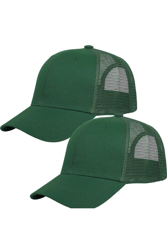 Trucker Hat 2-Piece Set, 6 Panel, Cotton Mesh, Adjustable Size Baseball Cap - Hunter Green & Hunter Green