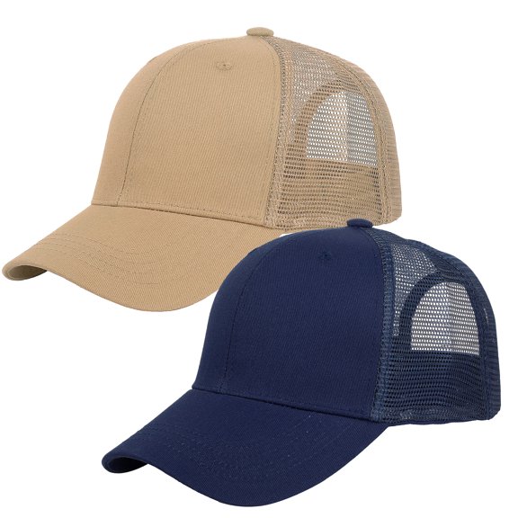 Falari Trucker Hat 2-Piece Set, 6 Panel, Cotton Mesh, Adjustable Size Baseball Cap - Navy & Khaki