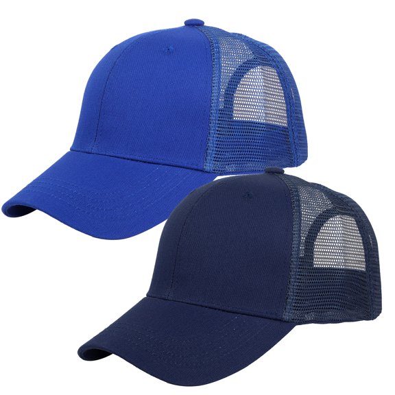 Falari Trucker Hat 2-Piece Set, 6 Panel, Cotton Mesh, Adjustable Size Baseball Cap - Navy & Royal