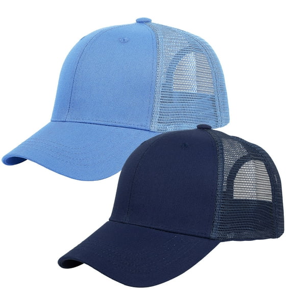 Falari Trucker Hat 2-Piece Set, 6 Panel, Cotton Mesh, Adjustable Size Baseball Cap - Navy & Sky Blue