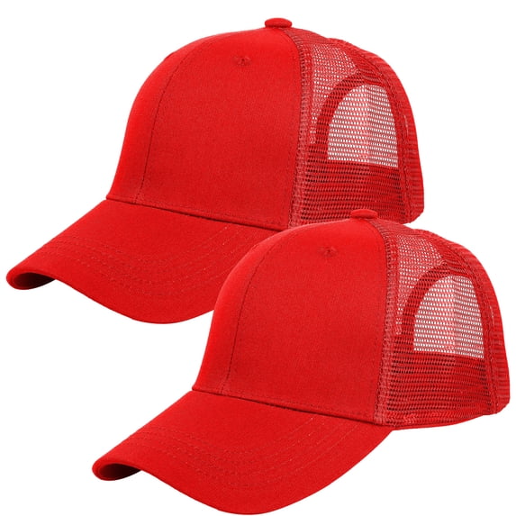 Falari Trucker Hat 2-Piece Set, 6 Panel, Cotton Mesh, Adjustable Size Baseball Cap - Red & Red