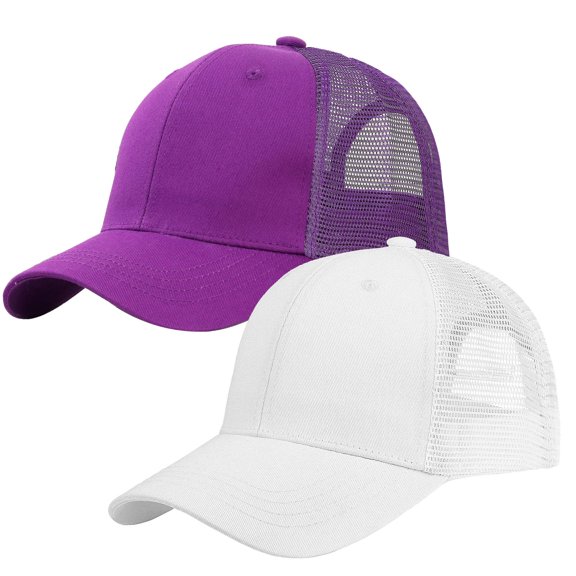 Falari Trucker Hat 2-Piece Set, 6 Panel, Cotton Mesh, Adjustable Size Baseball Cap - White & Purple