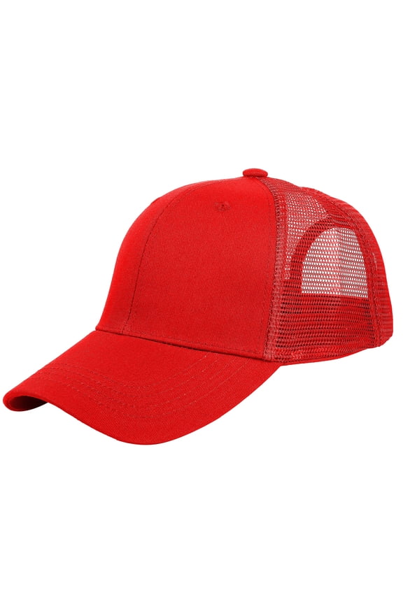 Trucker Hat Baseball Cap Structured Plain Design 6 Panel, Adjustable Size - Red