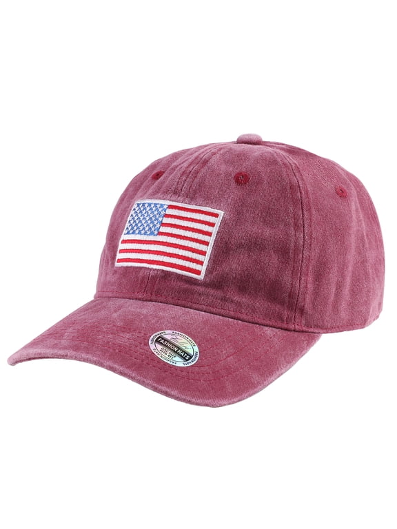 USA Flag Embroidered Baseball Cap, Low Profile Adjustable Dad Hat, 100% Cotton, Pre-Washed - Burgundy
