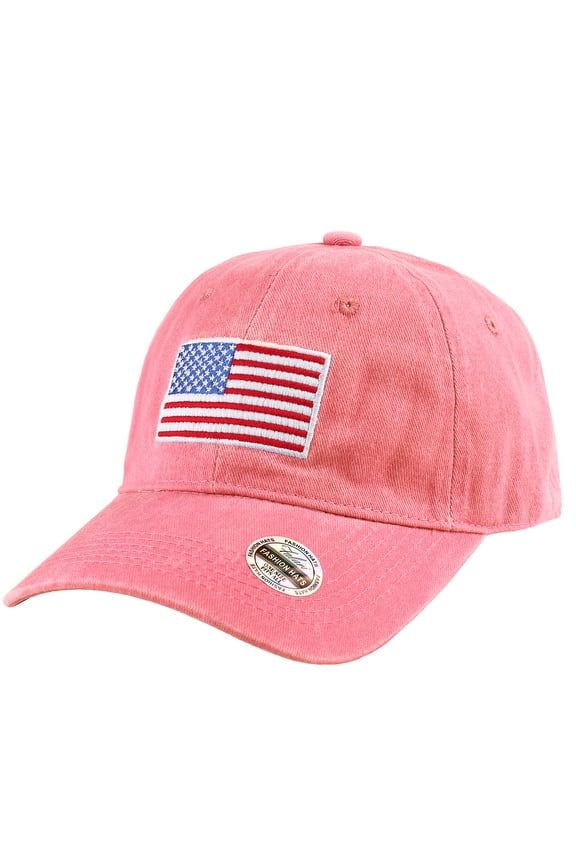 USA Flag Embroidered Baseball Cap, Low Profile Adjustable Dad Hat, 100% Cotton, Pre-Washed - Pink