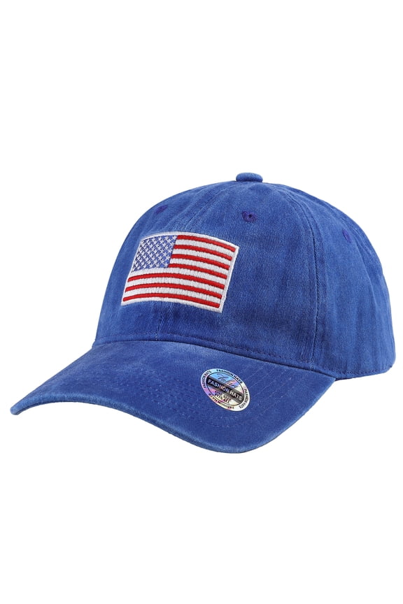 USA Flag Embroidered Baseball Cap, Low Profile Adjustable Dad Hat, 100% Cotton, Pre-Washed - Royal Blue