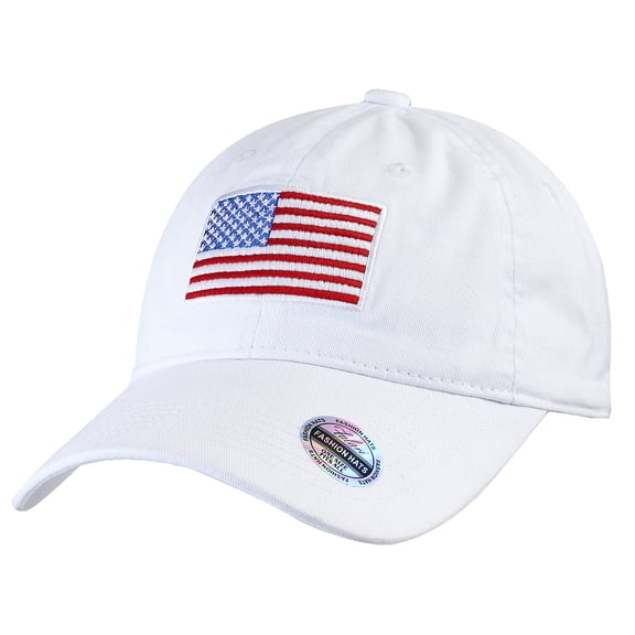 Falari USA Flag Embroidered Baseball Cap, Low Profile Adjustable Dad Hat, 100% Cotton, Pre-Washed - White