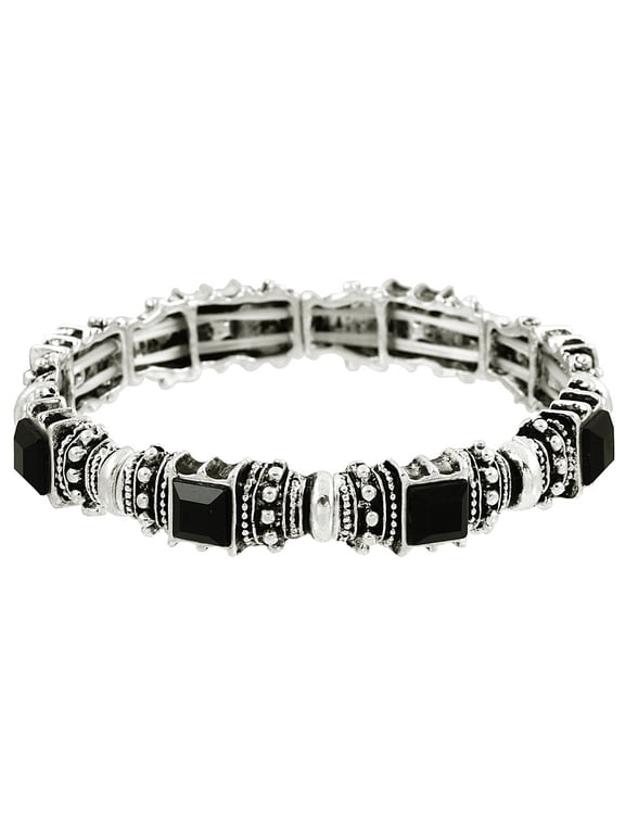 Vintage Acrylic Crystal Antique Silver Stretch Bracelet