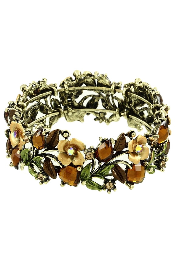 Vintage Flower Bracelet Bangle Crystal Beads Hand-Painted Antique Gold - Brown