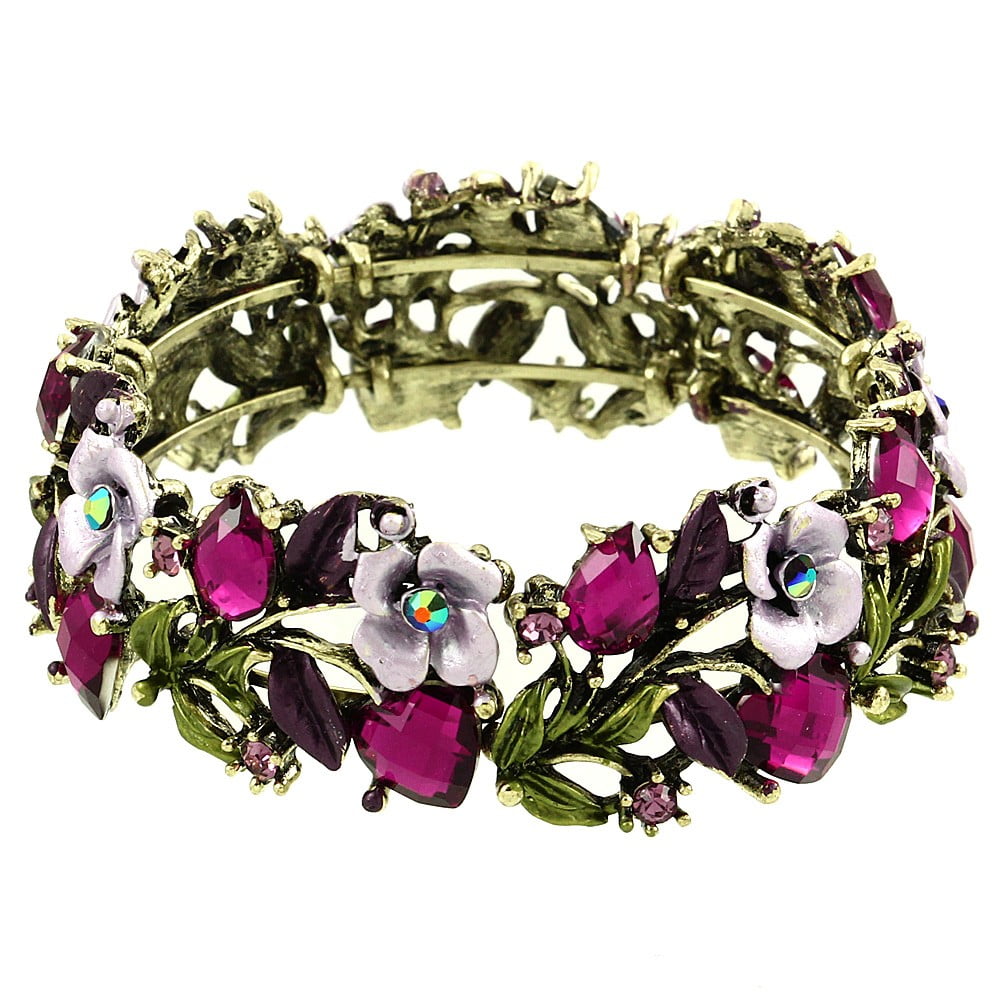Antique Gold and Purple Crystal Flower Bangle Bracelet