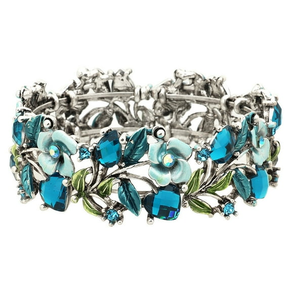 Falari Vintage Flower Bracelet Bangle Crystal Beads Hand-Painted Antique Silver - Blue