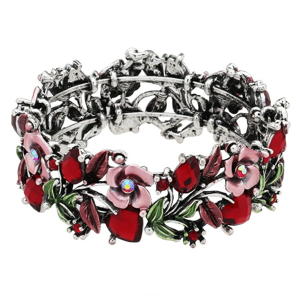 Falari Vintage Flower Bracelet Bangle Crystal Beads Hand-Painted Antique Silver - Red