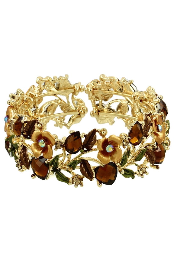 Vintage Flower Bracelet Bangle Crystal Beads Hand-Painted Gold - Brown