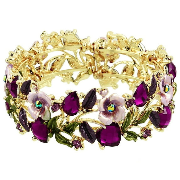 Falari Vintage Flower Bracelet Bangle Crystal Beads Hand-Painted Gold Plated- Purple