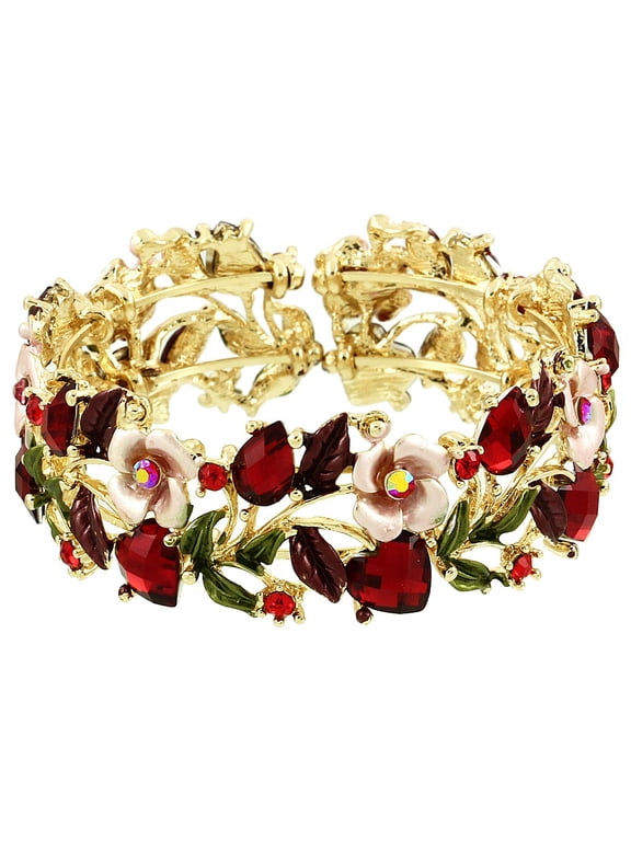 Vintage Flower Bracelet Bangle Crystal Beads Hand-Painted Gold - Red