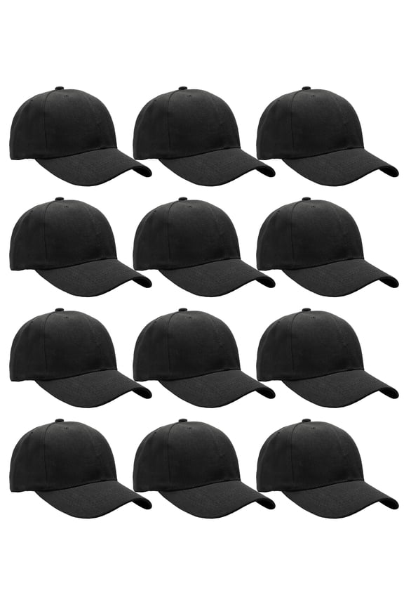 Wholesale 12-Pack Baseball Cap Adjustable Size Plain Blank Solid Color Black