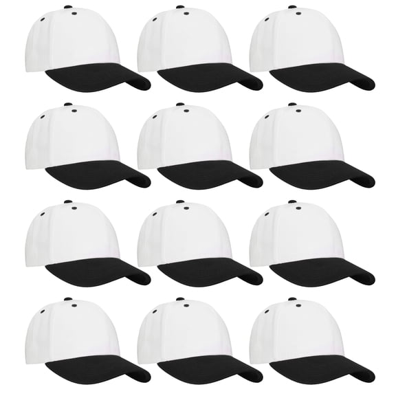 Falari Wholesale 12-Pack Baseball Cap Adjustable Size Plain Blank Solid Color White/Black