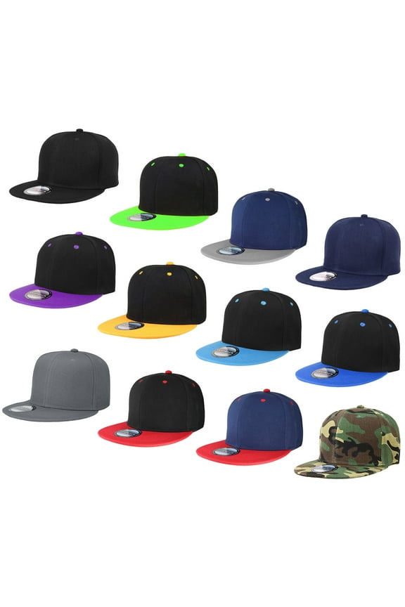 Wholesale 12 Pack Snapback Hat Cap Hip Hop Style Flat Bill Blank Solid Color Adjustable Size Assorted Group 2 (Two-Tone)