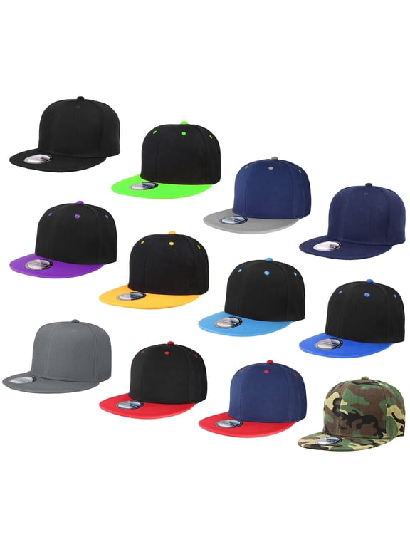 Wholesale 12 Pack Snapback Hat Cap Hip Hop Style Flat Bill Blank Solid Color Adjustable Size Assorted Group 2 (Two-Tone)