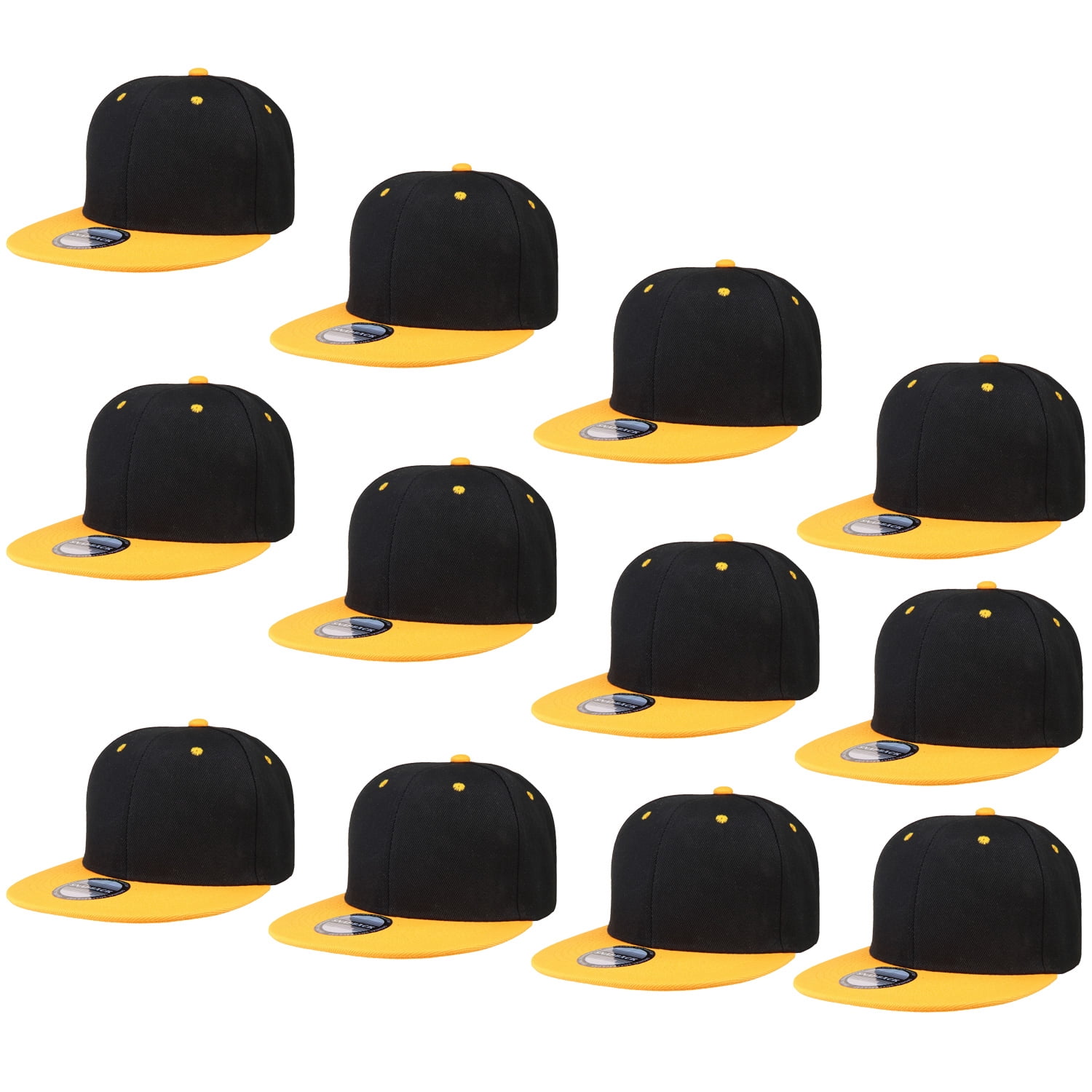 Falari Wholesale 12 Pack Snapback Hat Cap Hip Hop Style Flat Bill Blank Solid Color Adjustable Size Black/Gold