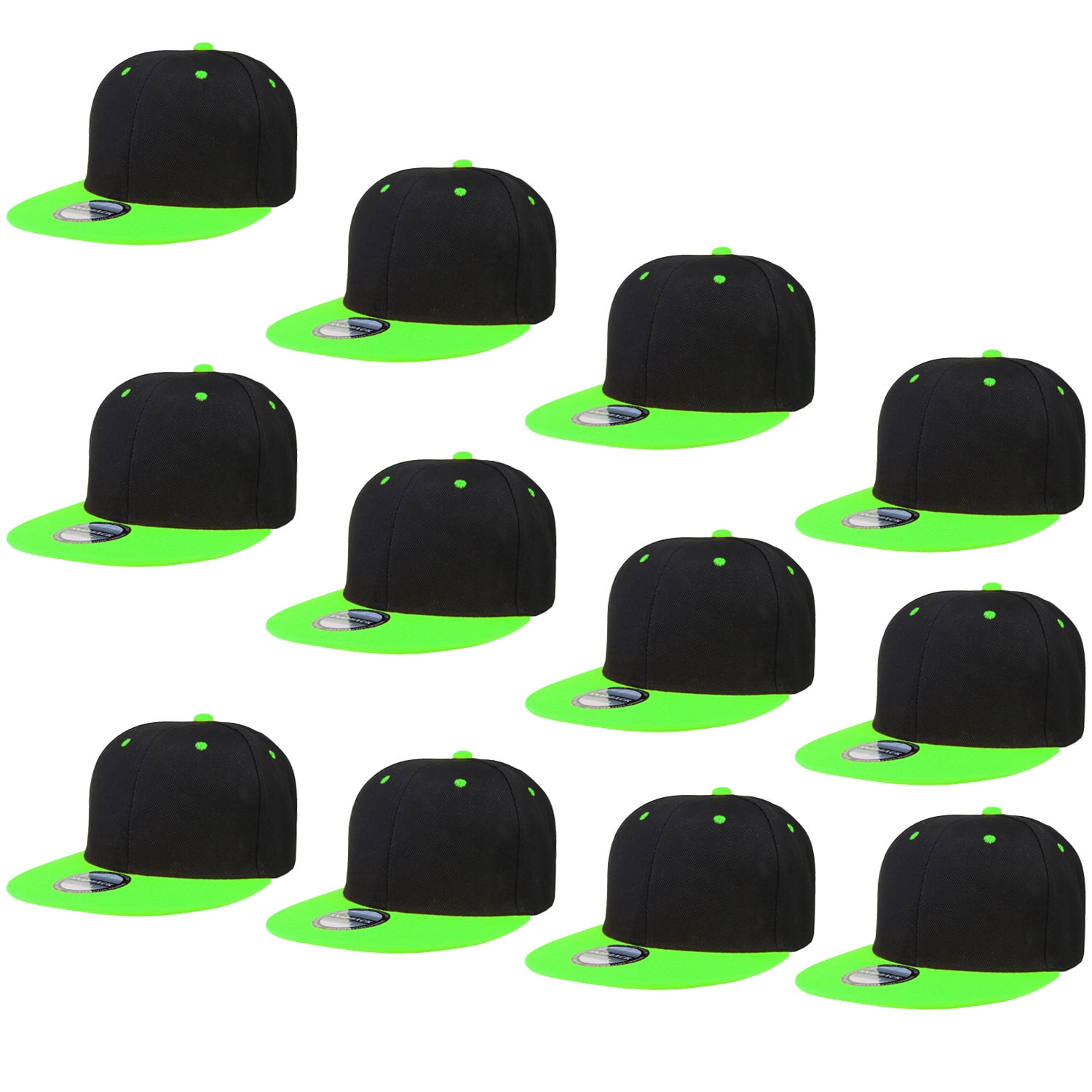 Falari Wholesale 12 Pack Snapback Hat Cap Hip Hop Style Flat Bill Blank Solid Color Adjustable Size Black/Green