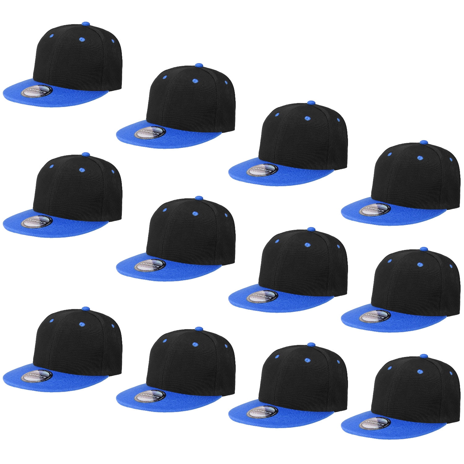 Falari Wholesale 12 Pack Snapback Hat Cap Hip Hop Style Flat Bill Blank Solid Color Adjustable Size Black/Royal