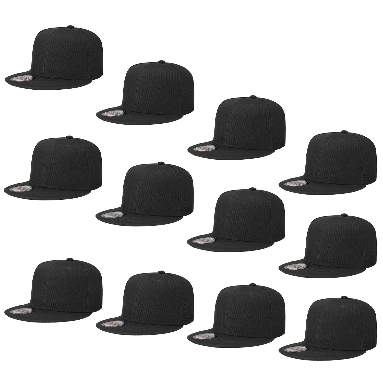 Falari Wholesale 12 Pack Snapback Hat Cap Hip Hop Style Flat Bill Blank Solid Color Adjustable Size Black