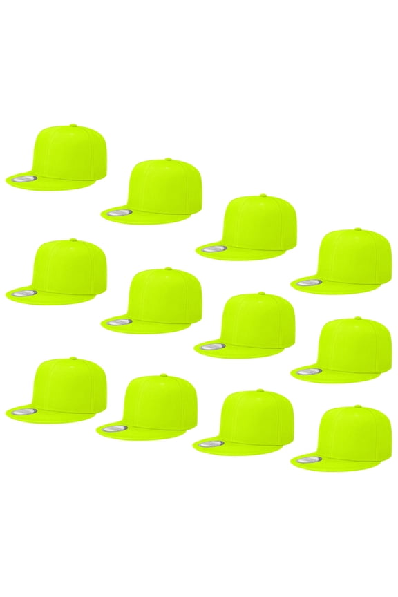 Wholesale 12 Pack Snapback Hat Cap Hip Hop Style Flat Bill Blank Solid Color Adjustable Size Neon Green