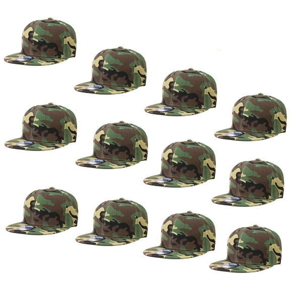 Falari Wholesale 12 Pack Snapback Hat Cap Hip Hop Style Flat Bill Blank Solid Color Adjustable Size Woodland Camouflage