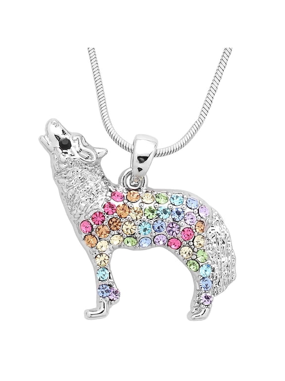 Wolf Pendant Necklace Multicolor Rhinestone Crystal Rhodium High Polished 17 inch Snake Chain J1661