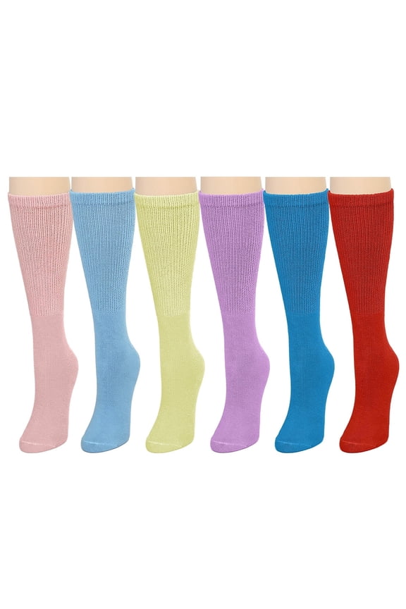 Women Diabetic Socks for Diabetes Edema and Circulatory Loose Fitting Cotton Crew Socks - 6 Pairs Assorted Size 9-11