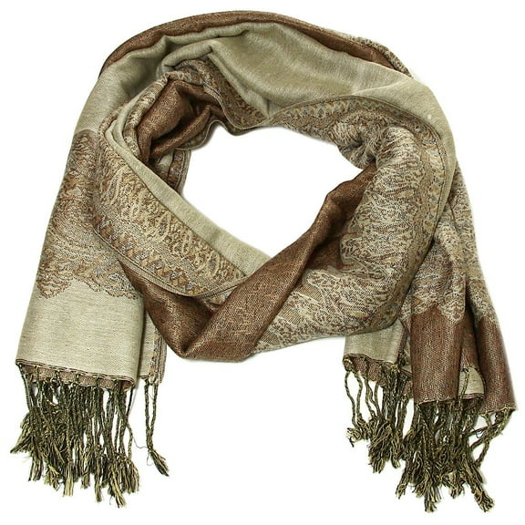 Falari Women's Large Double Layered Pashmina Shawl Wrap Border Pattern Scarf Khaki