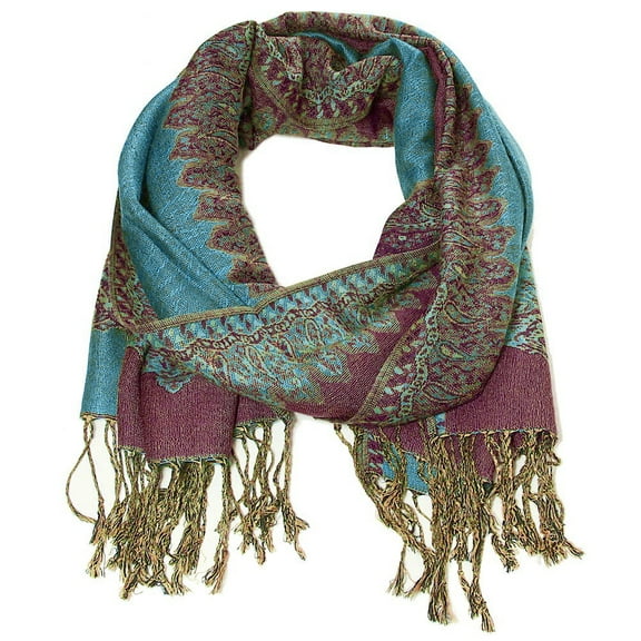 Falari Women's Large Double Layered Pashmina Shawl Wrap Border Pattern Scarf Light Turquoise